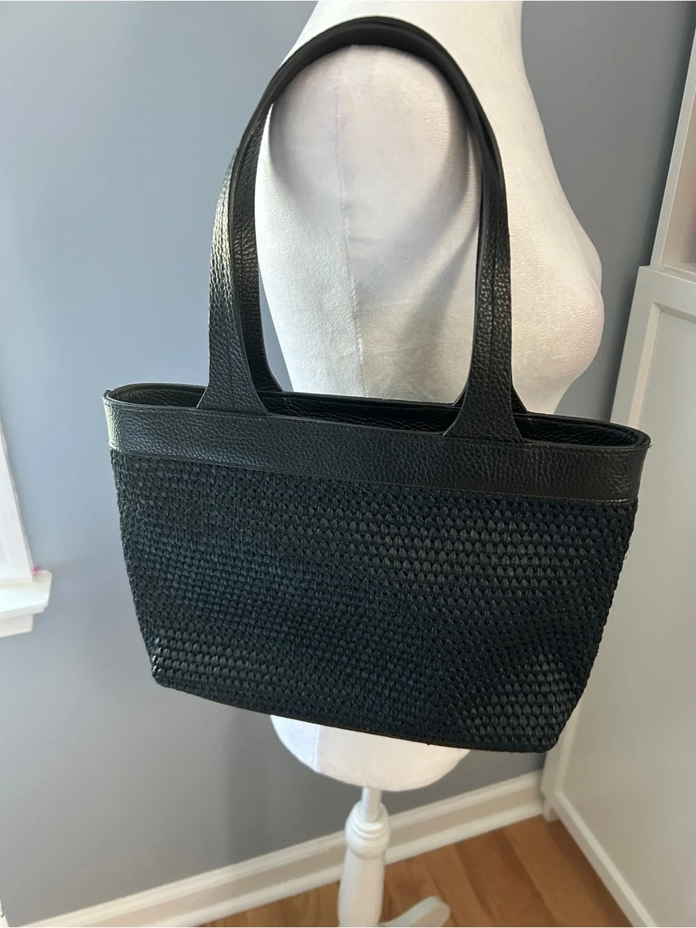 Rani Arabella Stella Mini Tote Handbag Black Woven Raffia Leather Italy